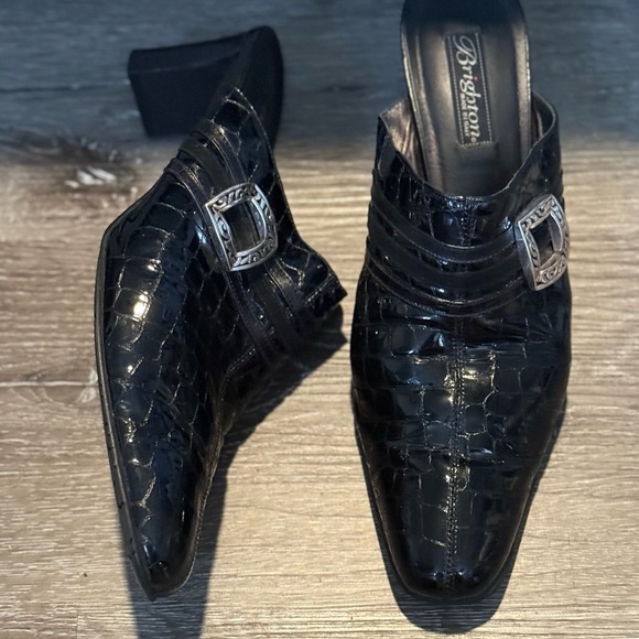 Brighton Tudor Mules Women’s 11 Black Croc Pattern Patent Leather Mules Heels - Picture 3 of 7